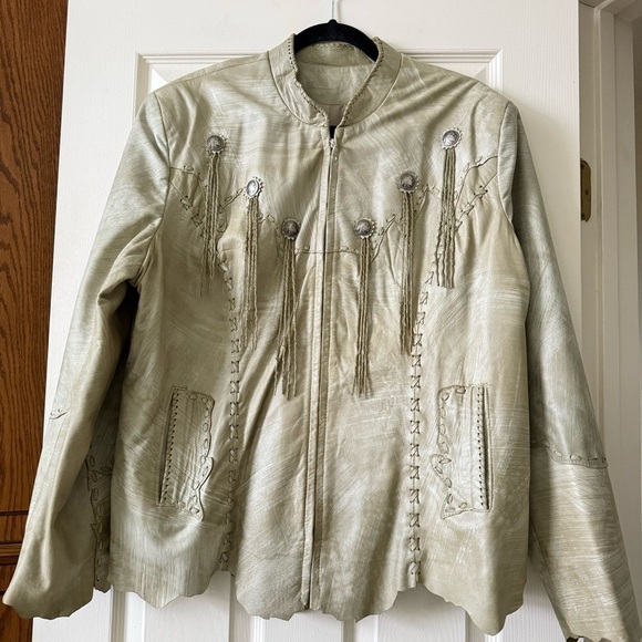 Tribe America Western Leather Jacket Women 16 Fringe Native American USA Green - Picture 1 of 17